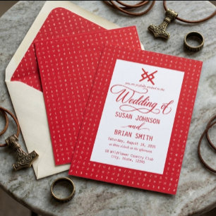 Norse Rune Monogram Red and White Wedding Invitation