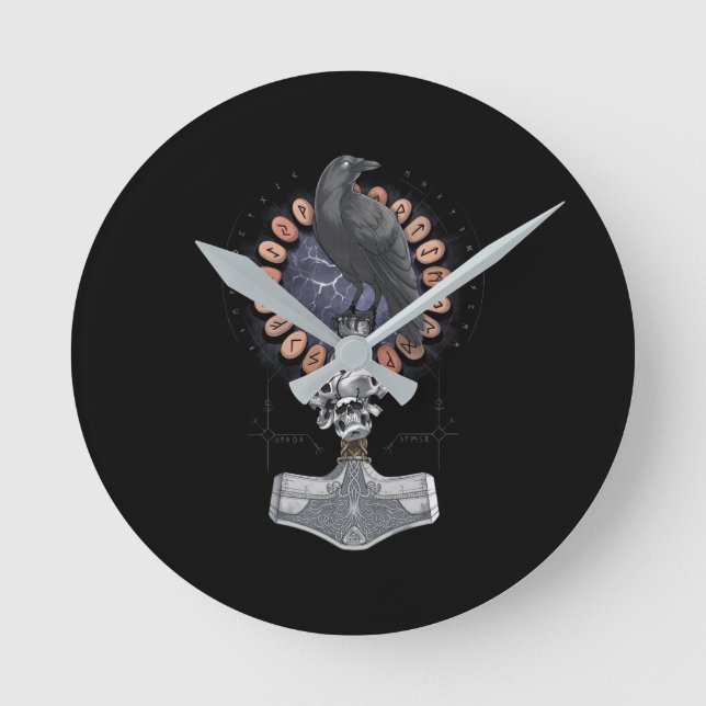 Norse Viking Raven Hammer Round Clock (Front)