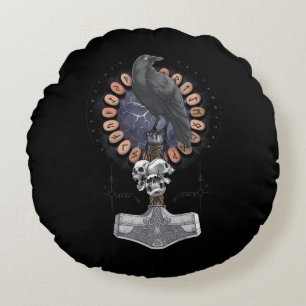 Norse Viking Raven Hammer Round Cushion