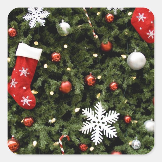 North America. Christmas decorations on tree. 2 Square Sticker (Front)