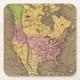 North America Hand Coloured Atlas Map Square Paper Coaster