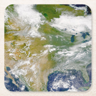 North America With Smoke Visible In Locations. Square Paper Coaster