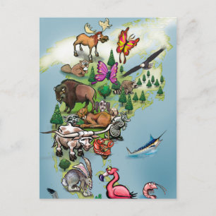 North American Animals World Map Postcard