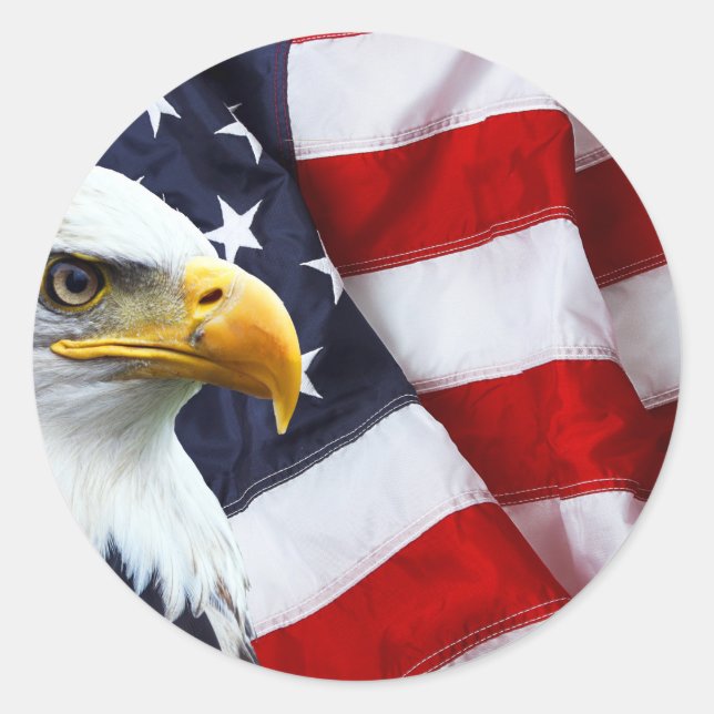 North American Bald Eagle on American flag Classic Round Sticker (Front)