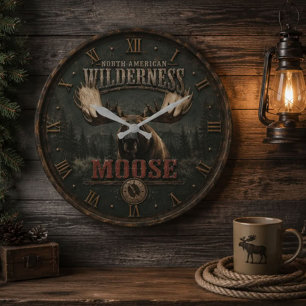North American Rustic Moose Cabin Decor Large Clock