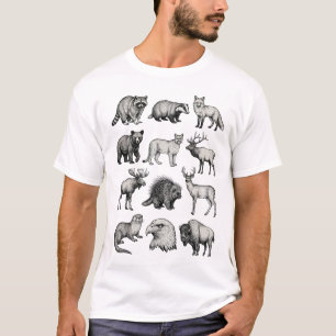 North American Wildlife Vintage Etching Art T-Shirt