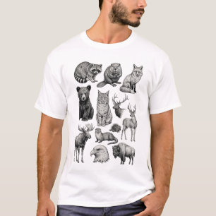 North American Wildlife Vintage Etching Art T-Shirt