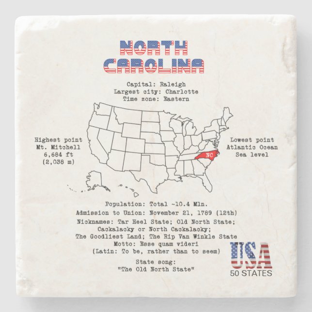 North Carolina American state on a map and details Stone Coaster (Front)