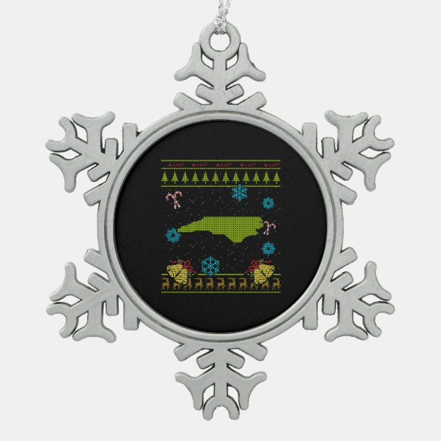 North Carolina Christmas Ugly Shirt Snowflake Pewter Christmas Ornament (Front)