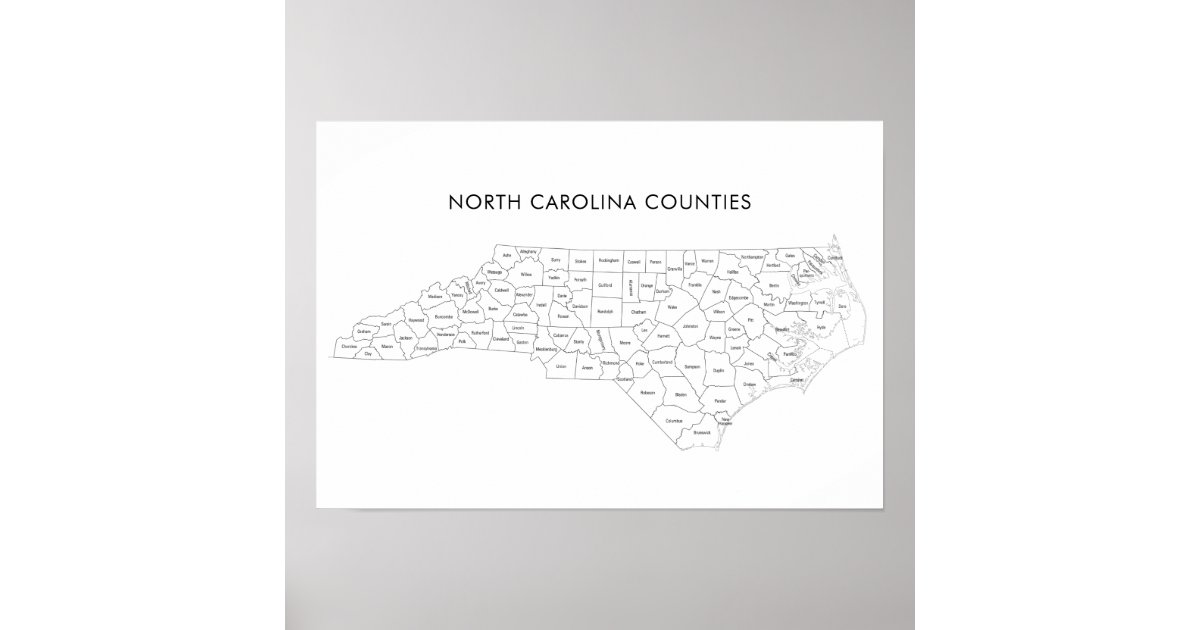 North Carolina Counties map with county names Poster Zazzle