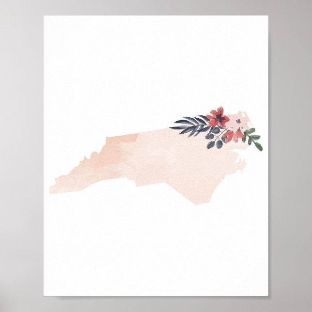 North Carolina Floral Watercolor State Poster (Front)