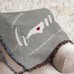 North Carolina Home State Personalised Throw Blanket<br><div class="desc">Show some home state pride with this cute rustic grey throw blanket featuring "home" in white calligraphy script lettering with a silhouette map of the state of North Carolina standing in for the letter "O." A red heart illustration inside the state map completes the design; you can change the position...</div>