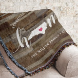 North Carolina Home State Personalised Wood Look Throw Blanket<br><div class="desc">Show some home state pride with this cute rustic faux wood plank throw blanket featuring "home" in white calligraphy script lettering with a silhouette map of the state of North Carolina standing in for the letter "O." A pink heart illustration inside the state map completes the design; you can change...</div>