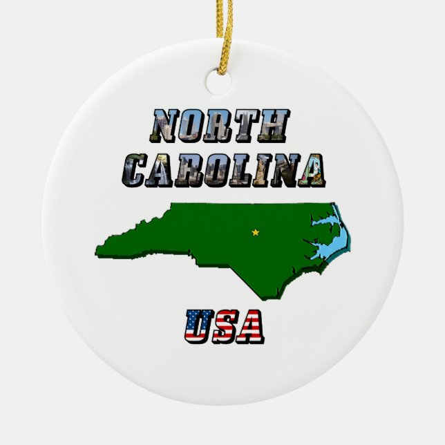 North Carolina Map and Text Ceramic Tree Decoration (Front)