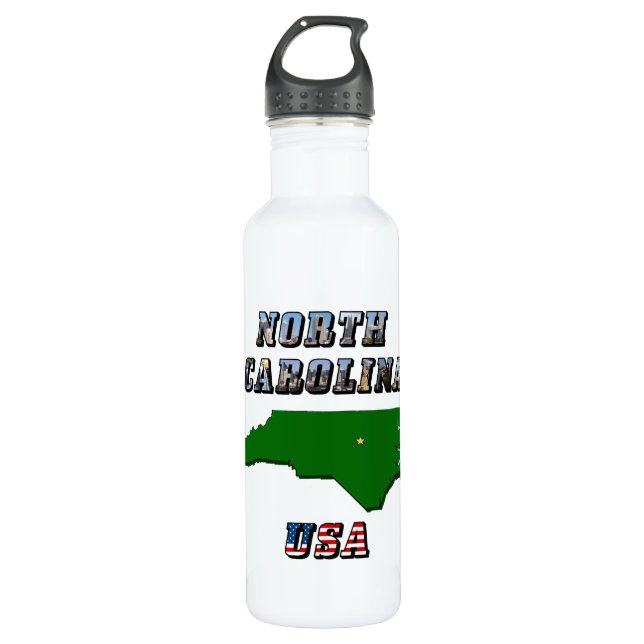 North Carolina Map Outline, Photo & US Flag Text  710 Ml Water Bottle (Front)