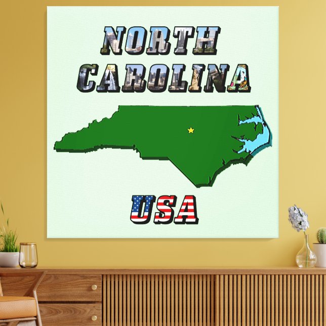 North Carolina Map Outline, Photo & US Flag Text  Canvas Print (Insitu(LivingRoom))