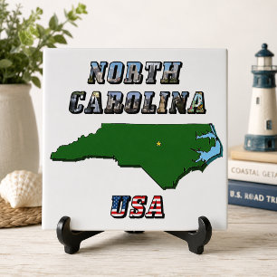 North Carolina Map Outline, Photo & US Flag Text Tile