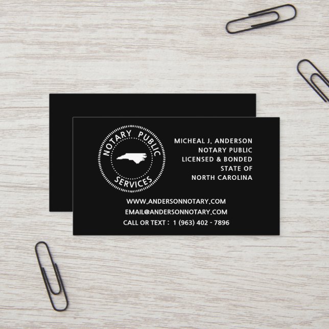 North Carolina Notary Public Services Business Card (Front/Back In Situ)
