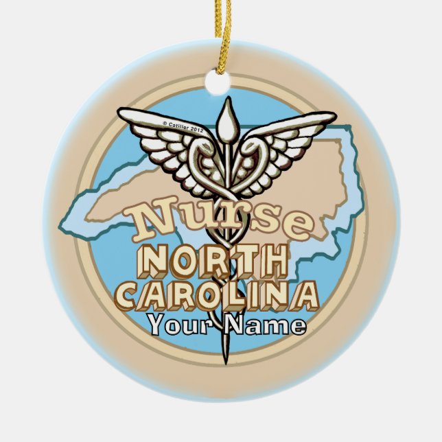North Carolina Nurse Caduceus  Ceramic Tree Decoration (Front)