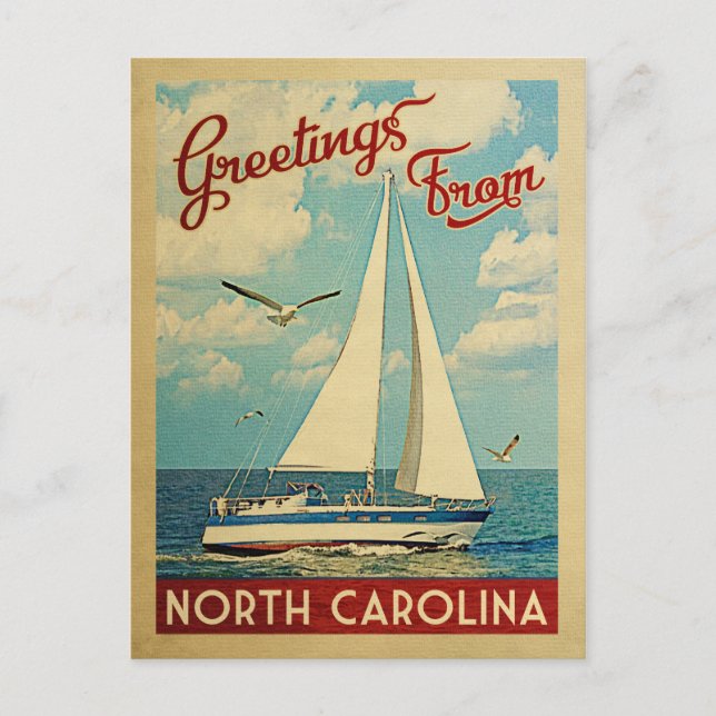 North Carolina Postcard Sailboat Vintage Travel (Front)