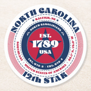 North Carolina Red White Blue Typography Round Paper Coaster