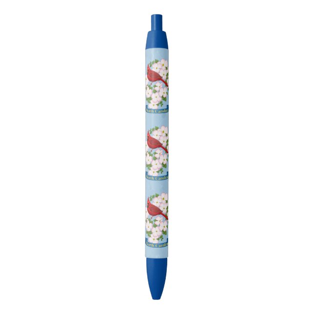 North Carolina State Cardinal Bird Dogwood Flower Blue Ink Pen (Front Vertical)