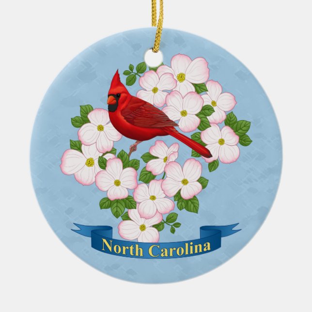 North Carolina State Cardinal Bird Dogwood Flower Ceramic Tree Decoration (Front)