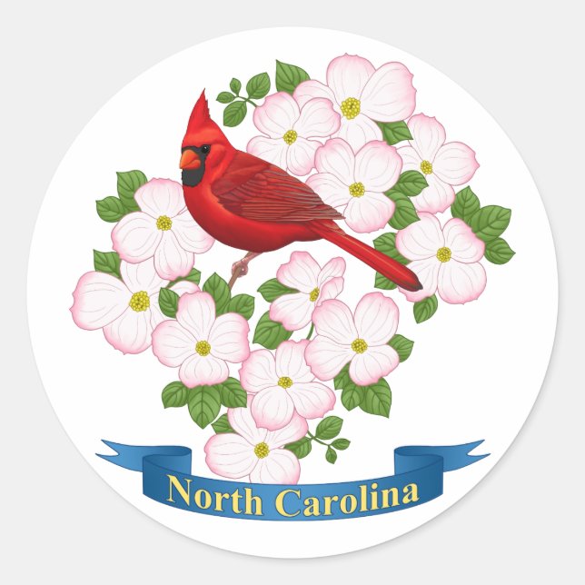 North Carolina State Cardinal Bird Dogwood Flower Classic Round Sticker (Front)