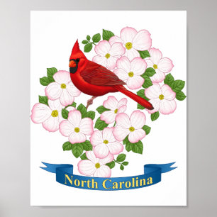 North Carolina State Cardinal Bird Dogwood Flower Poster