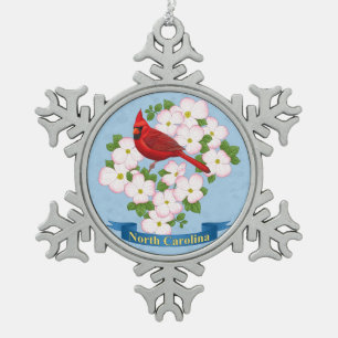 North Carolina State Cardinal Bird Dogwood Flower Snowflake Pewter Christmas Ornament
