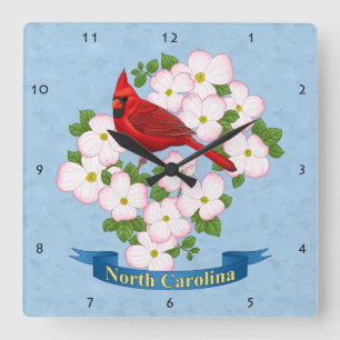 North Carolina State Cardinal Bird Dogwood Flower Square Wall Clock