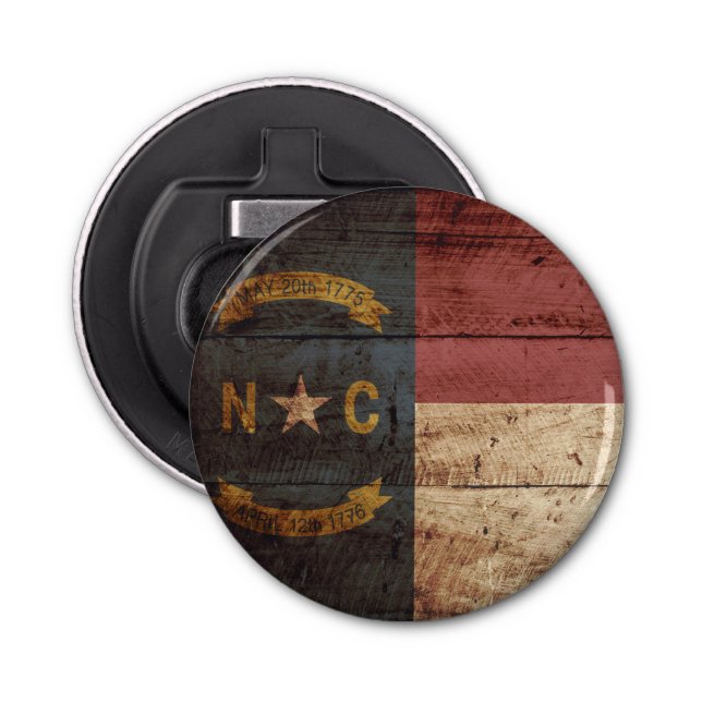 North Carolina State Flag on Old Wood Grain Bottle Opener (Front)
