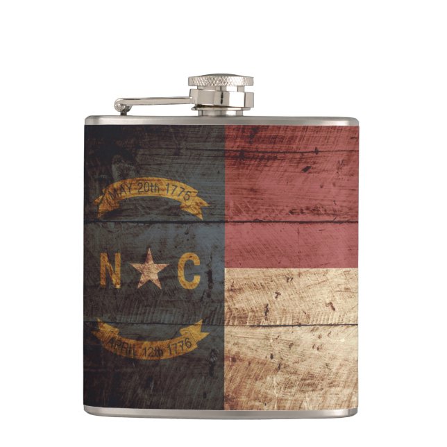 North Carolina State Flag on Old Wood Grain Hip Flask (Front)