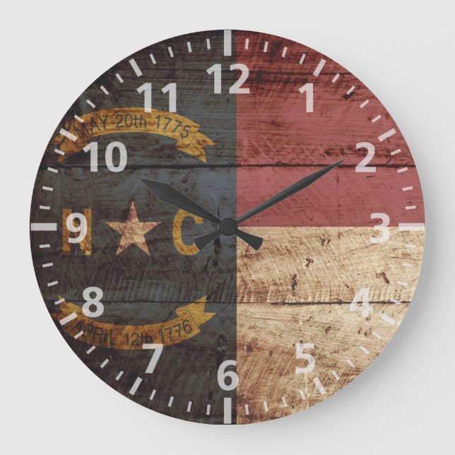 North Carolina State Flag on Old Wood Grain Large Clock (Front)