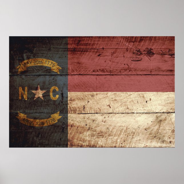 North Carolina State Flag on Old Wood Grain Poster (Front)