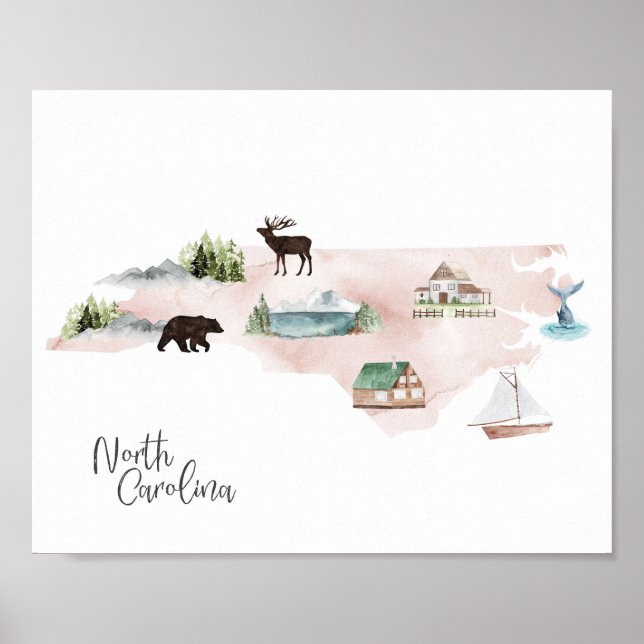North Carolina Wanderlust Landmarks Map Poster (Front)