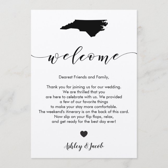 North Carolina Wedding Welcome Letter & Itinerary Programme (Front)