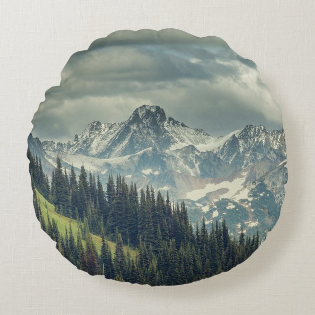 North Cascade: Majestic Mountain Peak. Round Cushion (Front)