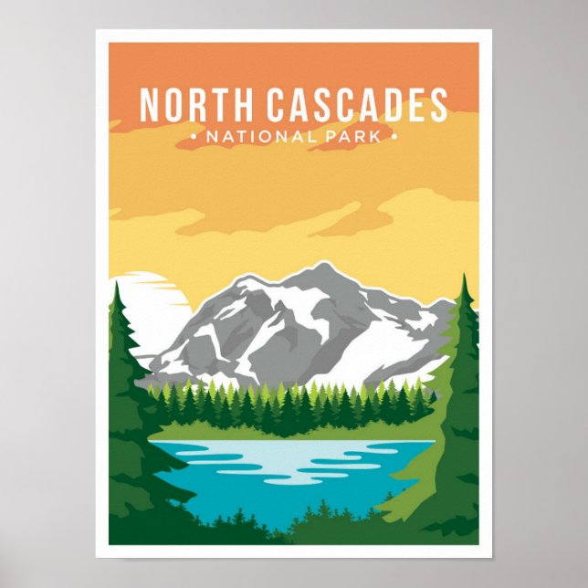 North Cascades Art Vintage Travel Illustration Poster (Front)