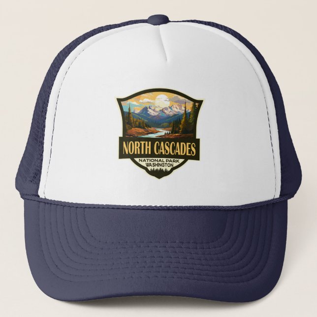 North Cascades National Park Illustration Travel Trucker Hat (Front)