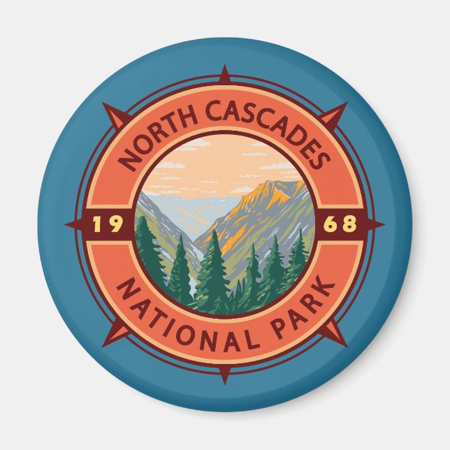 North Cascades National Park Retro Compass Emblem Magnet (Front)