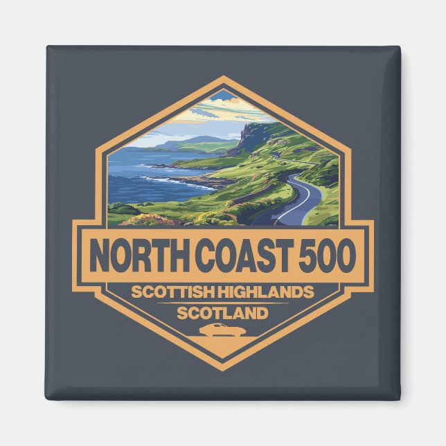 North Coast 500 Scotland Travel Art Badge Magnet (Front)