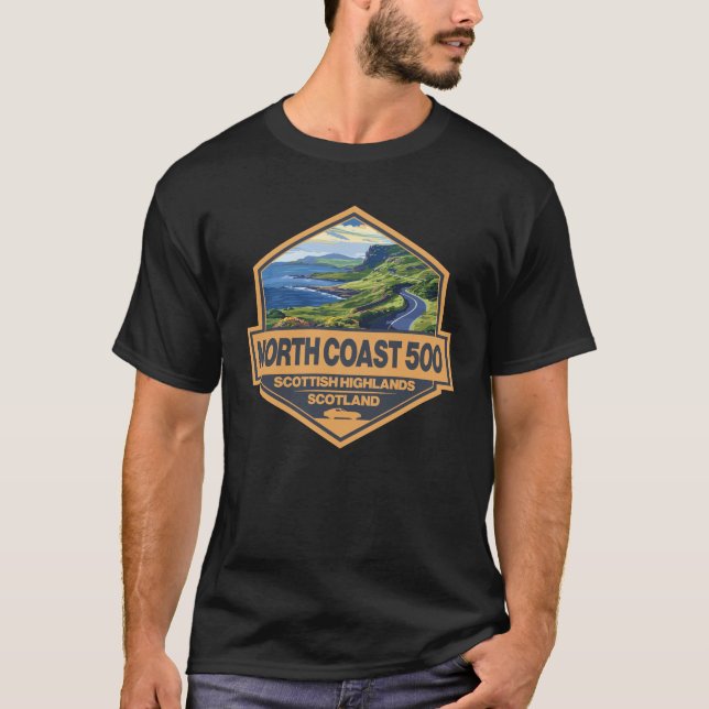 North Coast 500 Scotland Travel Art Badge T-Shirt (Front)