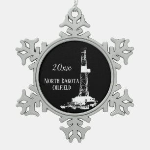 North Dakota Oilfield Dated Snowflake Pewter Christmas Ornament