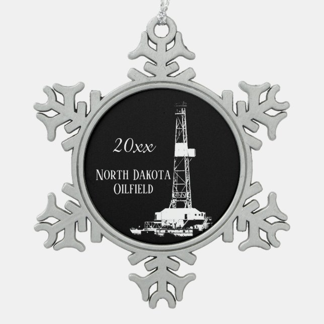 North Dakota Oilfield Dated Snowflake Pewter Christmas Ornament (Front)