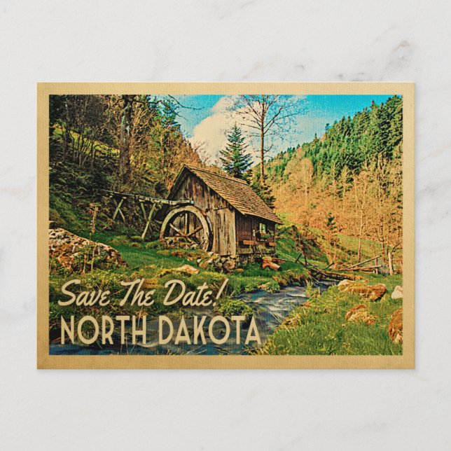 North Dakota Save The Date Rustic Cabin Mill Woods Announcement Postcard (Front)