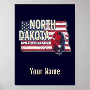 North Dakota State United States Retro Map Vintage Poster