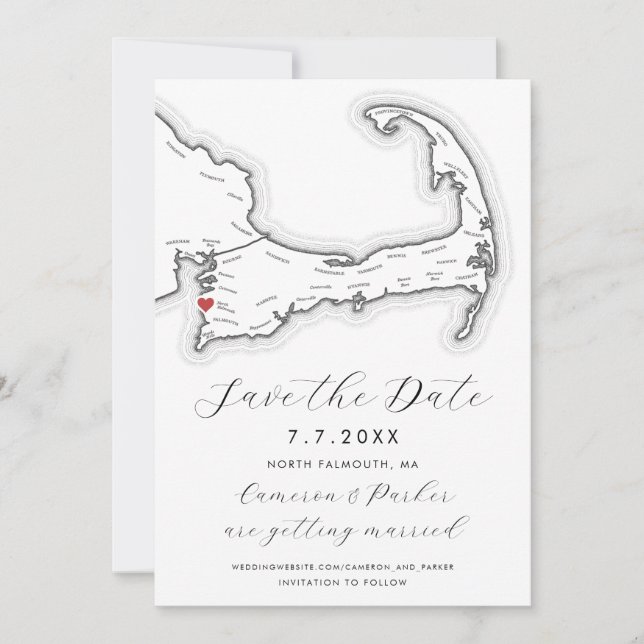 North Falmouth MA Cape Cod Map Black White Wedding Save The Date (Front)