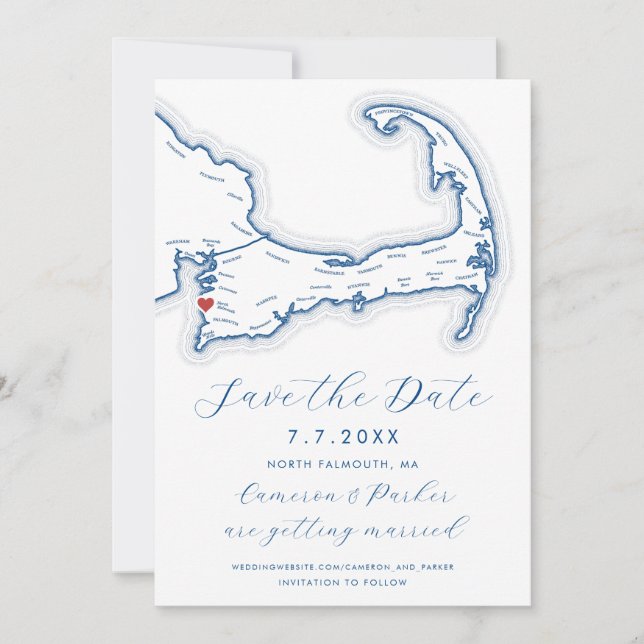 North Falmouth MA Cape Cod Map Navy Blue Wedding Save The Date (Front)