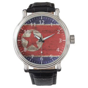 North Korea Flag on Old Wood Grain Watch